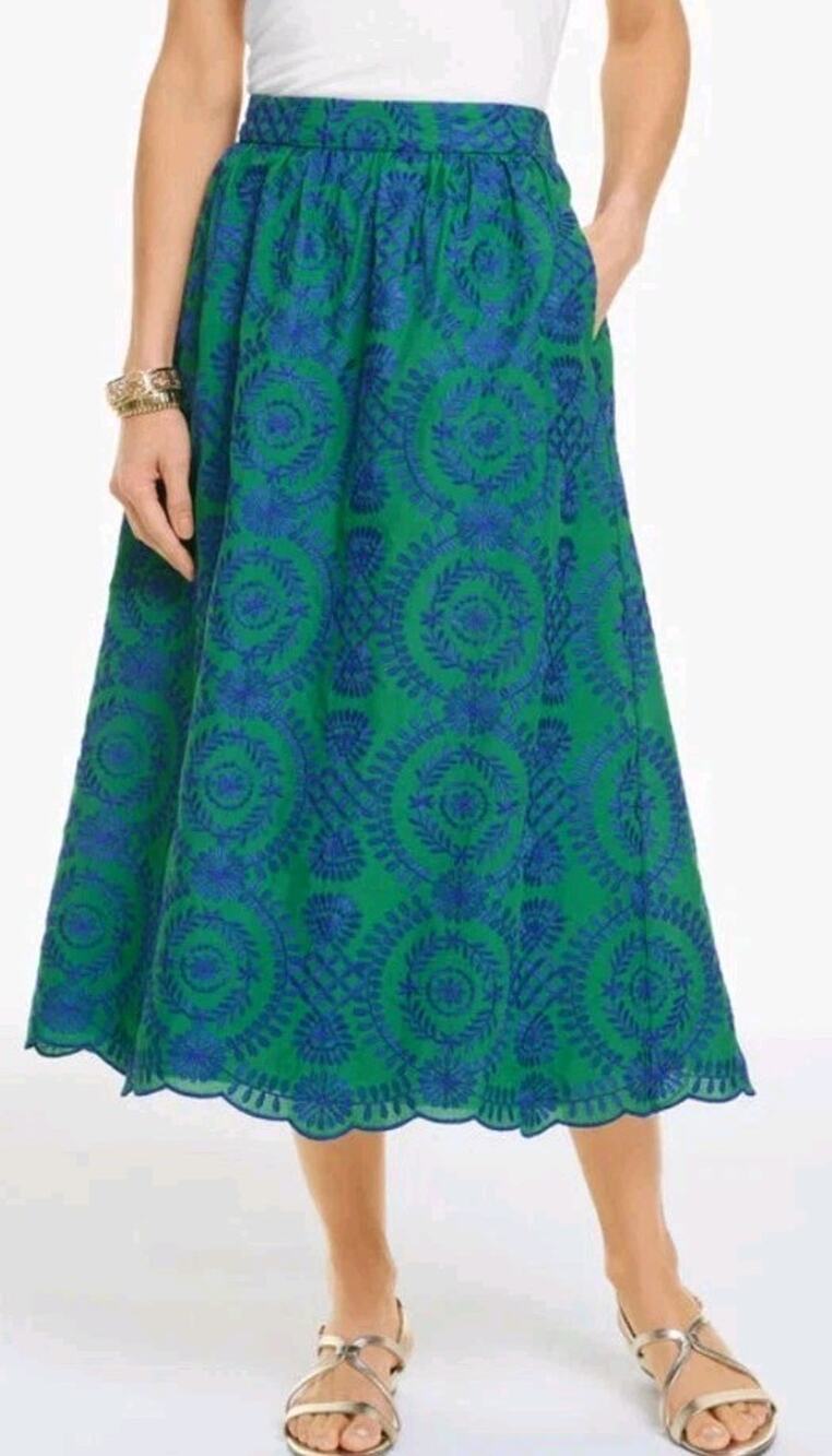 Talbots Green Blue Embroidered Skirt Scalloped Hem Size 6